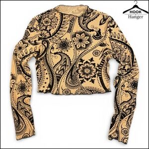 Whimsigoth Crop Sheer Mesh Long Sleeve Top M Nude Black Paisley Velvet‎ Burnout